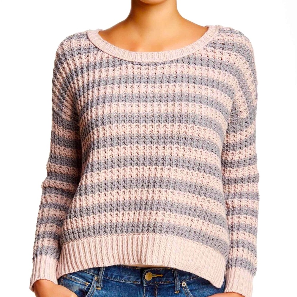 Free People Slouchy Loose Open Knit Chunky Striped Crewneck Sweater Pink Grey